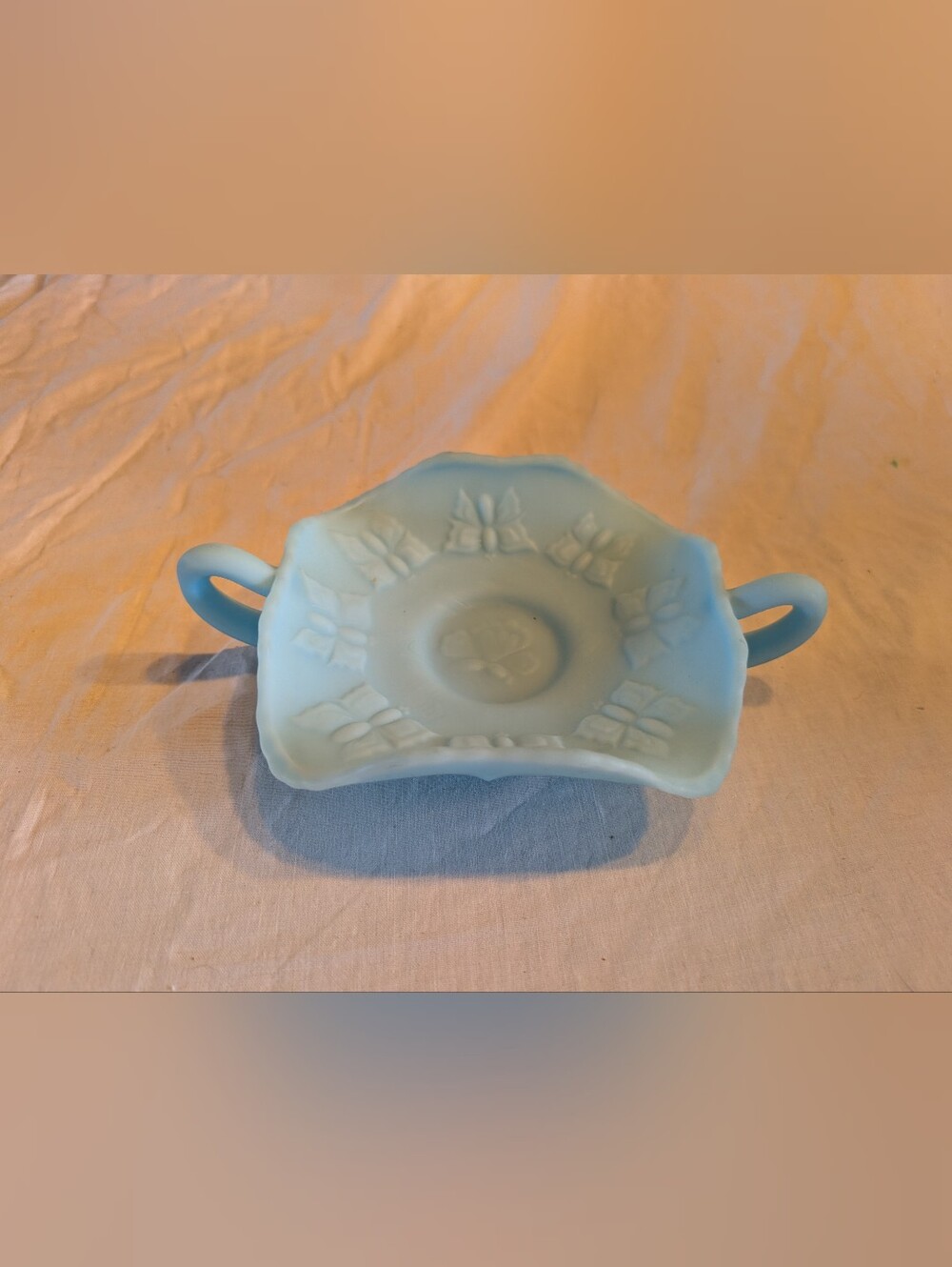 2/100$ Fenton Light Blue opaline Two-Handled butterfly candy dish